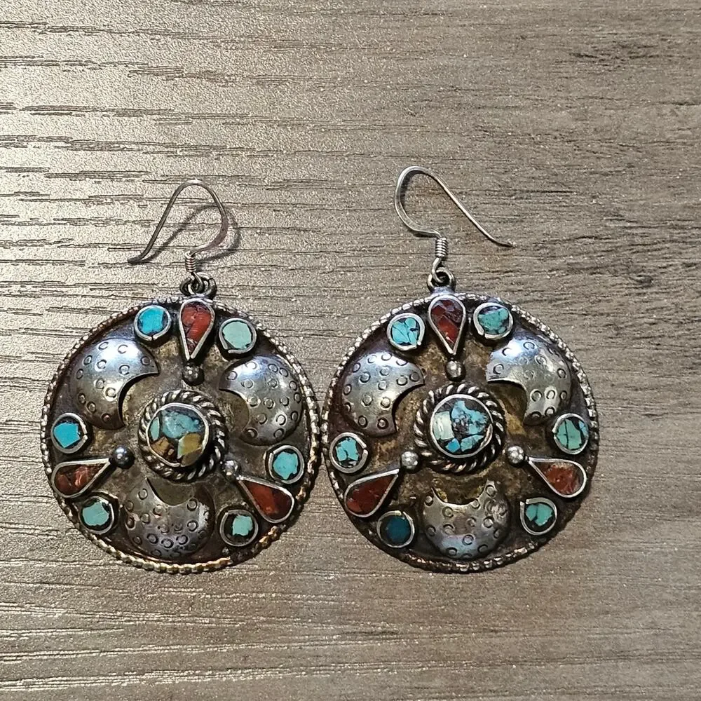 Vintage Tibetan Silver Round Dangle Earrings with Coral & Turquoise